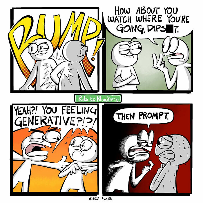 Comic by Ryan Rds featuring characters in a humorous interaction with a twist about being generative and a prompt.