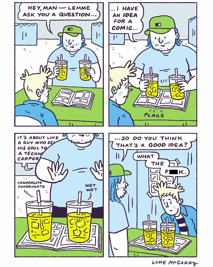 Witty comic by Luke McGarry satirizing 21st-century society with humorous conversation about creating a new comic.