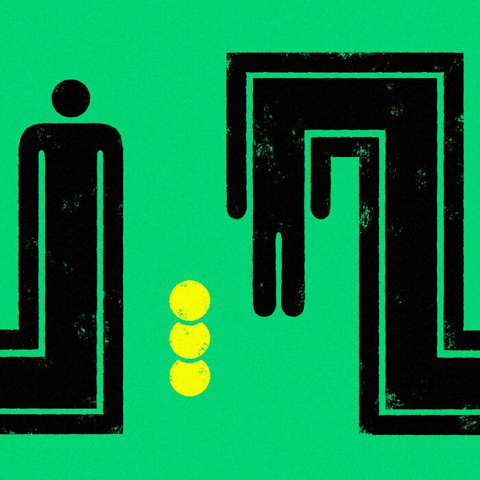 Minimalist editorial illustration by Jardel Vieira featuring abstract black figures on a green background with yellow dots.