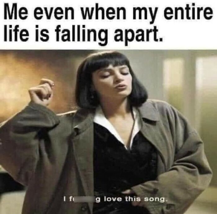 A woman with short black hair being sarcastic, captioned with humorous text about life falling apart.