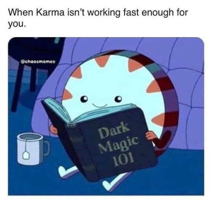 Cartoon peppermint reading "Dark Magic 101" with a tea mug nearby, illustrating sarcasm as ultimate witchcraft.