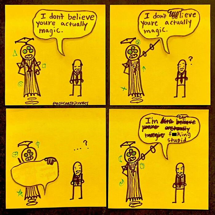 Funny comic strip with a wizard doubting magic, illustrating unpredictable humor.
