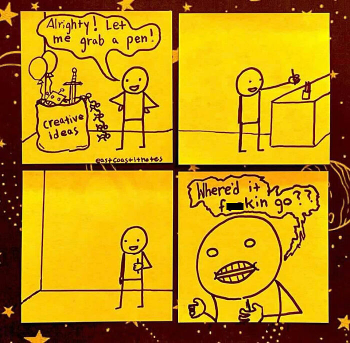 Comic strip with a character searching for a missing pen amid creative ideas, revealing a humorous twist.