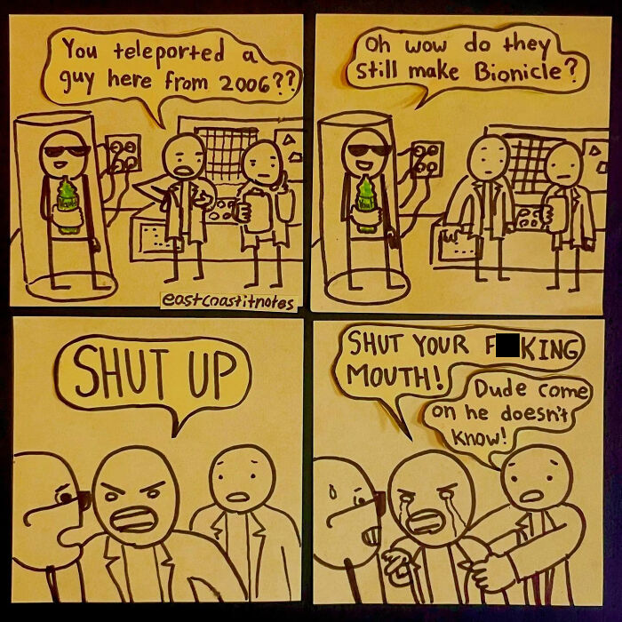 Funny comic by artist, featuring time travel, Bionicle reference, and humorous reactions on sticky notes.