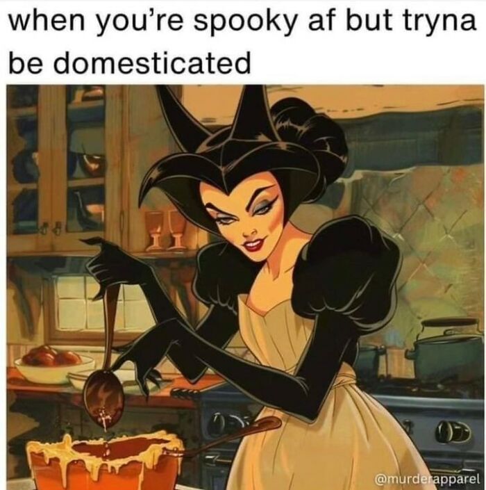 Spooky character in a kitchen stirring a pot, embodying sarcasm and witchcraft with a sassy expression.