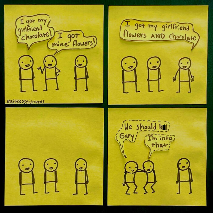 Comic strip by artist featuring three stick figures discussing gifts for girlfriends, with an unexpected twist.