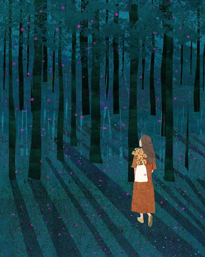 A serene illustration by a Vietnamese artist shows a woman carrying flowers, walking through a twilight forest.