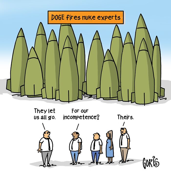 Cartoon on everyday life showing fired experts discussing incompetence in front of large missiles.