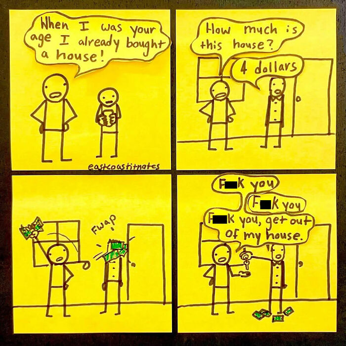 Funny comic by artist shows generational housing joke with stick figures on yellow post-it notes.