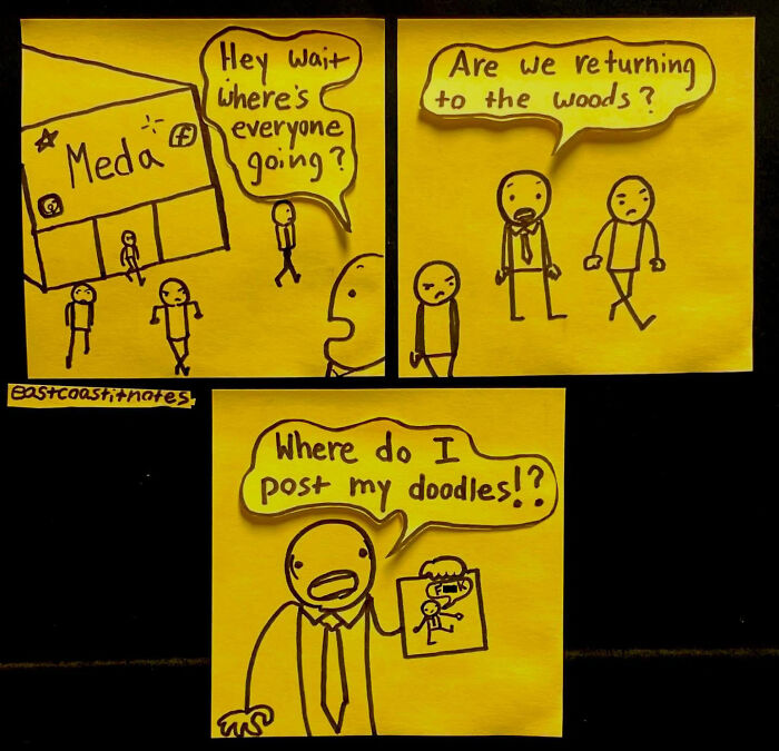 Artist's funny comic about media users leaving and wondering where to post art, drawn on yellow sticky notes.
