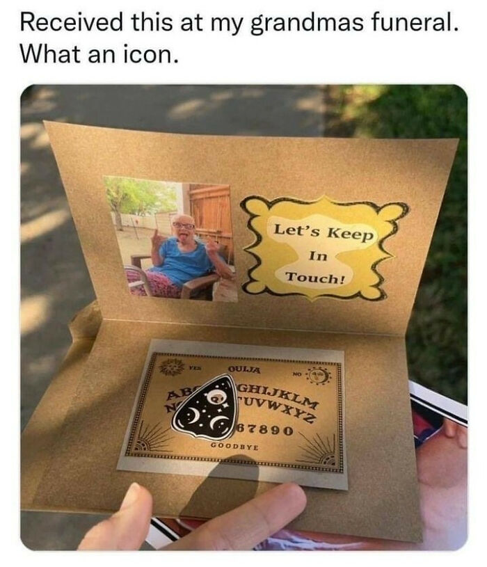 Humorous card with Ouija board imagery at funeral, showing sarcasm as ultimate witchcraft.