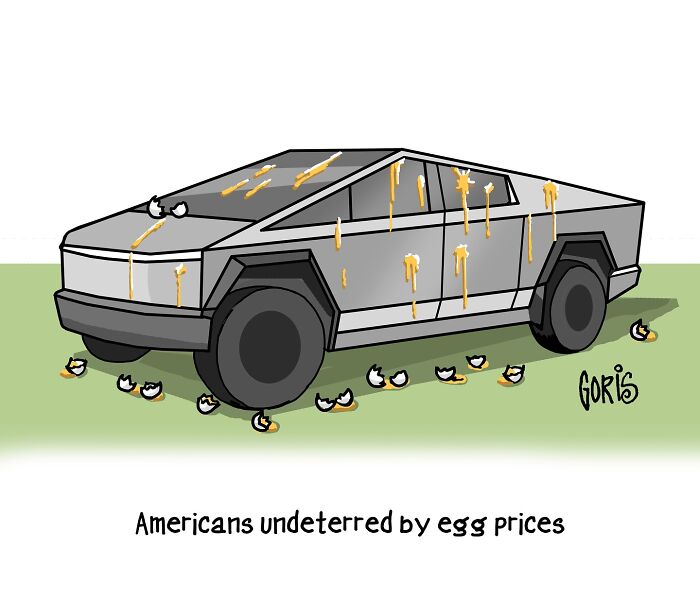 Cartoon of a car covered in eggshells and yolk, humorously depicting everyday life scenarios.