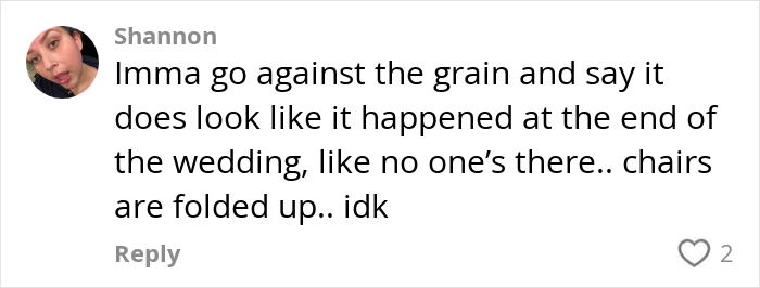 Comment on a proposal at a wedding, mentioning empty chairs and folded tables. Comment on a proposal at a wedding, mentioning empty chairs and folded tables.