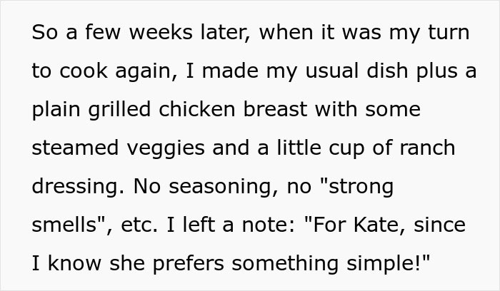 Text showing a note about cooking a bland meal with plain chicken, veggies, and ranch, for someone who prefers simple food. Text showing a note about cooking a bland meal with plain chicken, veggies, and ranch, for someone who prefers simple food.