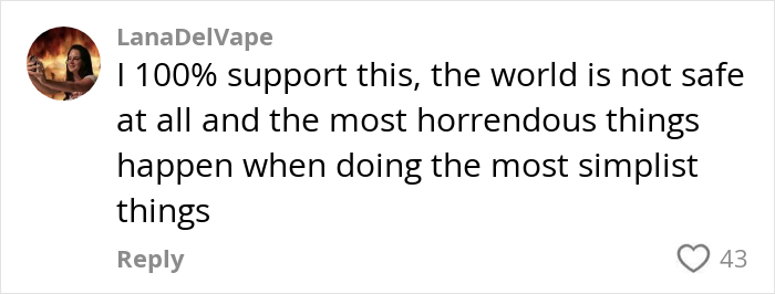 Comment expressing support for mom following daughter on 5k runs, discussing safety concerns. Comment expressing support for mom following daughter on 5k runs, discussing safety concerns.