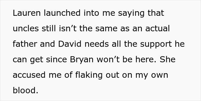 Text conversation about family support and taking a parental role, highlighting uncle vs father responsibilities. Text conversation about family support and taking a parental role, highlighting uncle vs father responsibilities.