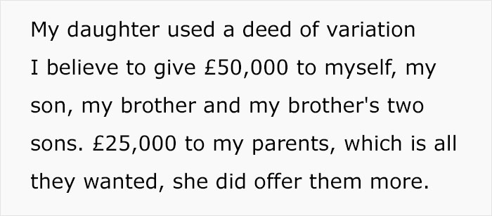 Text about a woman using a deed of variation to allocate part of a fortune among family members. Text about a woman using a deed of variation to allocate part of a fortune among family members.