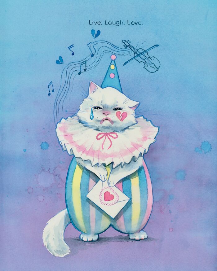 Dream-like painting of a sad cat in a clown costume holding a heart envelope, set against a whimsical blue background.