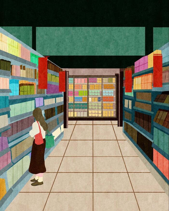 A Vietnamese artist's serene illustration of a woman standing alone in an aisle surrounded by colorful shelves.
