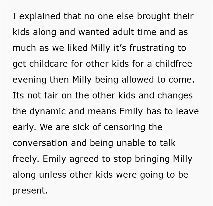 Text discussing a woman excluded from a friend group for bringing her 7-year-old to a childfree spa day. Text discussing a woman excluded from a friend group for bringing her 7-year-old to a childfree spa day.