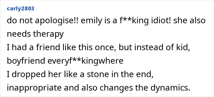 Text message discussing exclusion from a friend group over bringing a child to a spa day. Text message discussing exclusion from a friend group over bringing a child to a spa day.