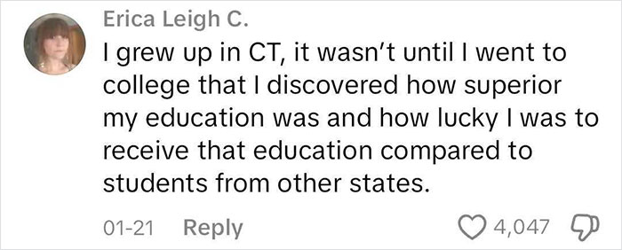 Comment about superior education from Connecticut in college experience discussion. Comment about superior education from Connecticut in college experience discussion.