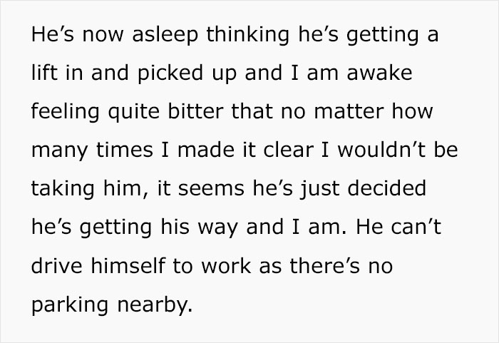 Text about a husband assuming he'll be driven to work, despite his wife's refusal. Text about a husband assuming he'll be driven to work, despite his wife's refusal.