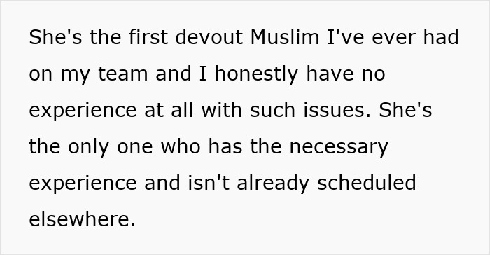 Muslim Employee Won’t Meet Male Client Alone, Cites Religion As A Factor, Boss Unsure What To Do Muslim Employee Won’t Meet Male Client Alone, Cites Religion As A Factor, Boss Unsure What To Do