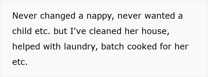 Text discussing childfree lifestyle and supporting a friend with chores instead of childcare tasks. Text discussing childfree lifestyle and supporting a friend with chores instead of childcare tasks.