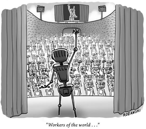 Robot leading a rally of similar robots with raised fists in a stadium, depicting a humorous cartoon scene.