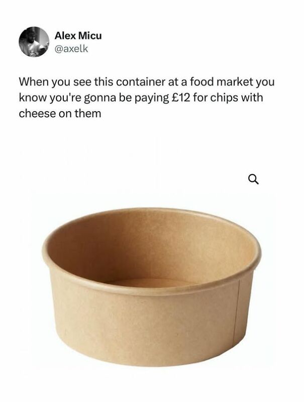 A cardboard food container with humorous caption about expensive cheese chips, showcasing Scots' sense of humor.