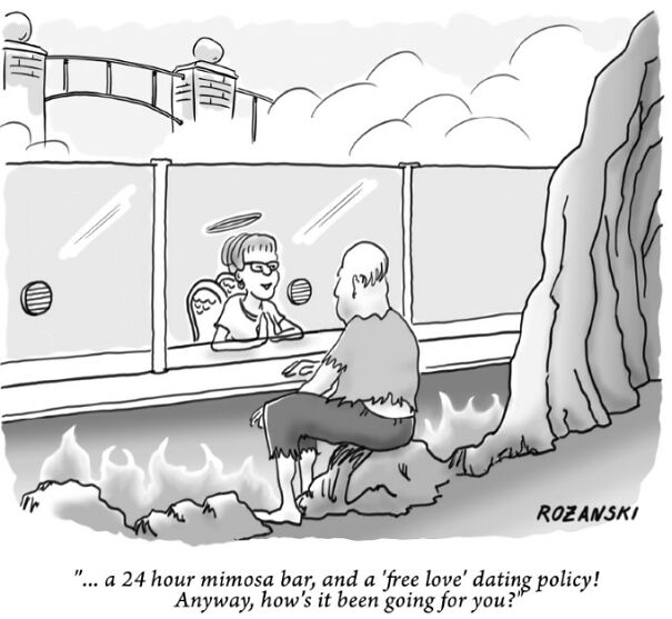 Heaven and hell cartoon with an angel behind a counter and a man sitting in flames below.