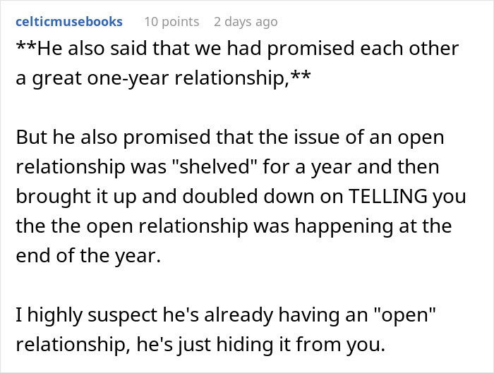 Text describing a partner discussing the idea of an open relationship after a promise of a committed one-year relationship. Text describing a partner discussing the idea of an open relationship after a promise of a committed one-year relationship.