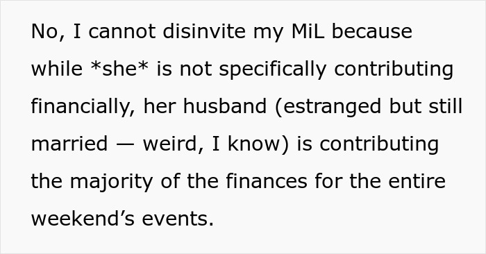 Text discussing the complex dynamics of finances and expectations for wedding invitations involving a mother-in-law. Text discussing the complex dynamics of finances and expectations for wedding invitations involving a mother-in-law.