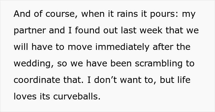 Text about unexpected life changes and wedding-related stress before moving. Text about unexpected life changes and wedding-related stress before moving.