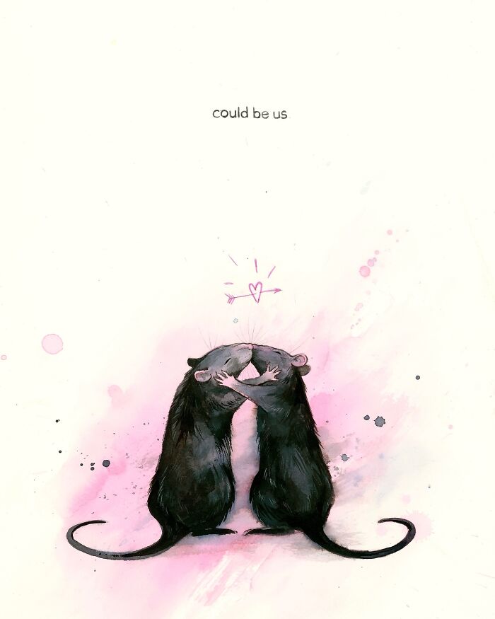 Dream-like painting of two rats touching noses with a heart above, on a pink background.