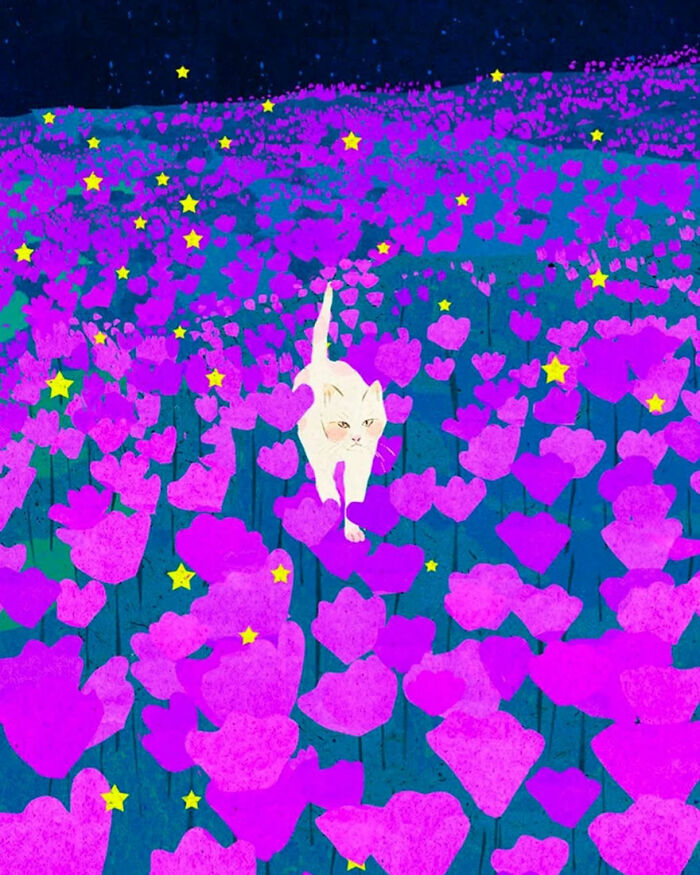 White cat among purple flowers and stars, illustrating serenity and solitude by Vietnamese artist.