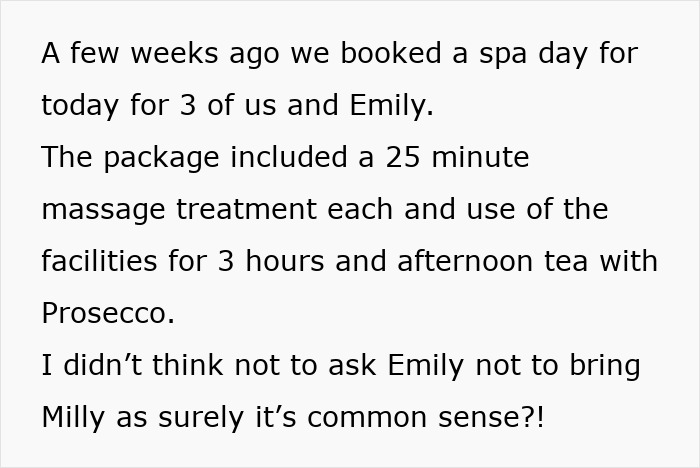 Text conversation about a spa day, mentioning bringing a child where kids aren't allowed. Text conversation about a spa day, mentioning bringing a child where kids aren't allowed.