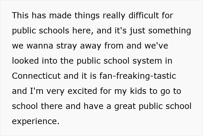 Text excerpt about a mom's reasons for moving to a blue state for better public schools in Connecticut. Text excerpt about a mom's reasons for moving to a blue state for better public schools in Connecticut.