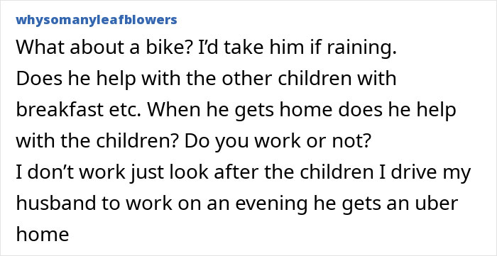 Text conversation discussing driving husband to work and balancing childcare responsibilities. Text conversation discussing driving husband to work and balancing childcare responsibilities.
