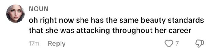 Comment discussing beauty standards and weight loss transformation. Comment discussing beauty standards and weight loss transformation.