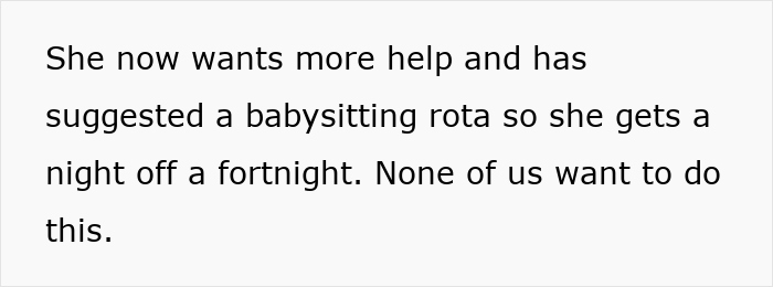 Text discussing childfree friend group's reluctance to start a babysitting rota. Text discussing childfree friend group's reluctance to start a babysitting rota.