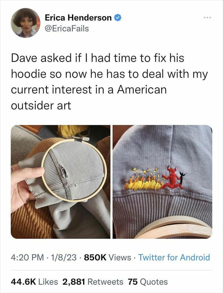 Funny meme about fixing a hoodie with creative embroidery depicting humor and outsider art.