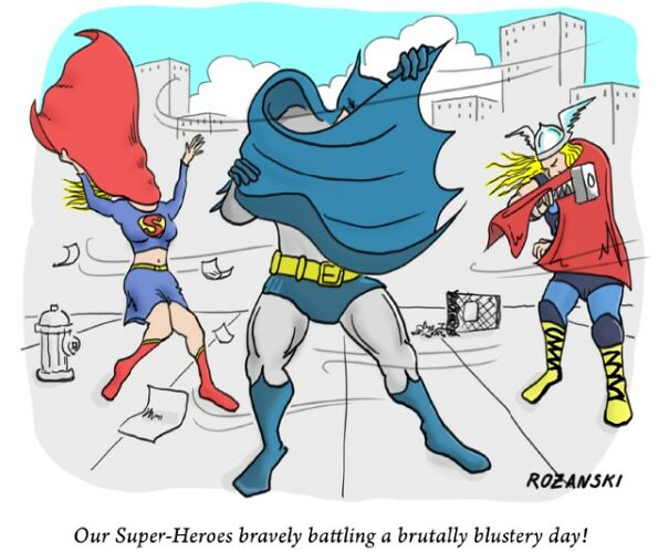 Cartoons of superheroes struggling with a windy day, capes and hair blowing wildly along a city street.