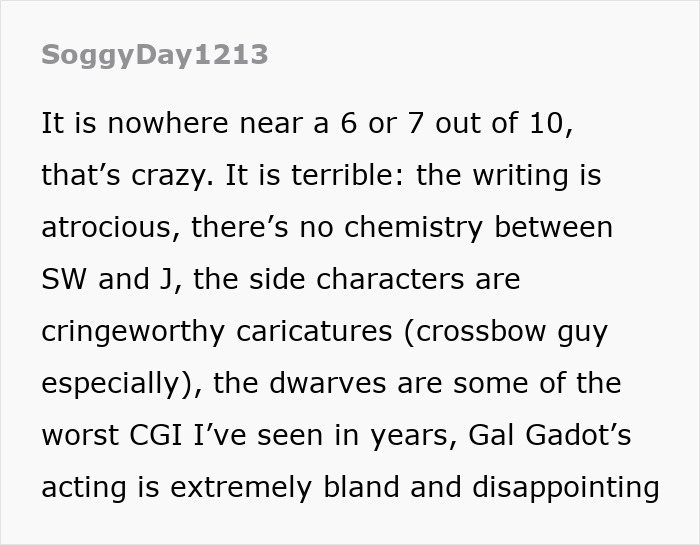 Text review criticizing Disney's Snow White for poor writing and CGI, calling it "hilariously abysmal. Text review criticizing Disney's Snow White for poor writing and CGI, calling it "hilariously abysmal.