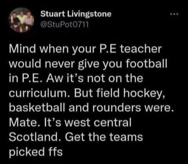 Text post highlighting Scottish humor about P.E. teachers and sports choices in Scotland.