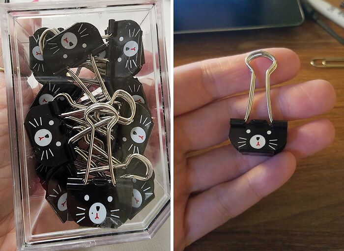 Cute cat binder clips in a box and one held in hand, perfect for office use during the workday.
