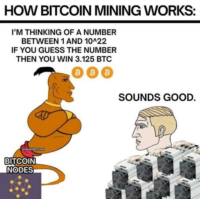 Bitcoin mining explained with a cartoon genie and miner using computer hardware in programming and computer science memes.