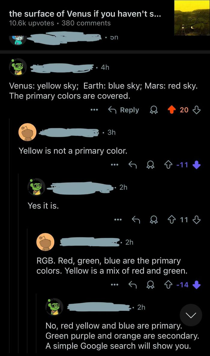 Online discussion roasting confidently incorrect color theory claims about primary colors with upvotes and downvotes shown.