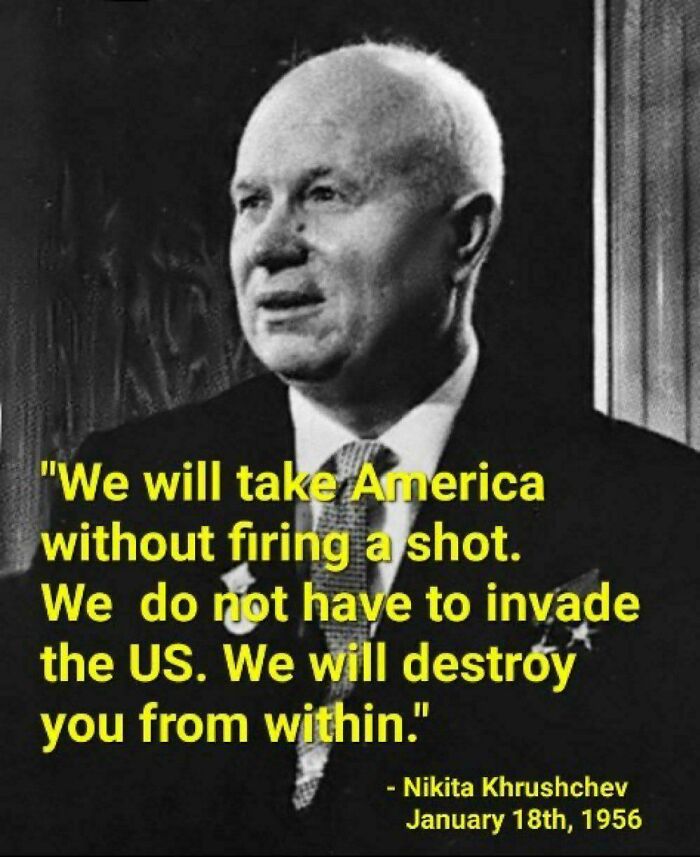 Black and white photo of Nikita Khrushchev with a quote about America, related to accurate aged like wine predictions.